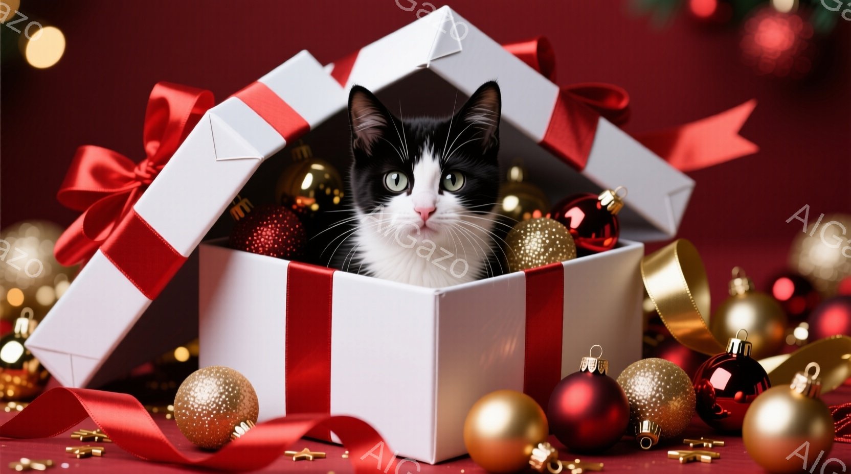 白いギフトボックスの中に、白と黒の猫が頭を出して座っています。猫は丸い黄色い目をしており、少し好奇心と楽しそうな表情をしています。背景には、赤いリボンと金色のオーナメントが散りばめられており、クリスマ - AI生成フリー素材