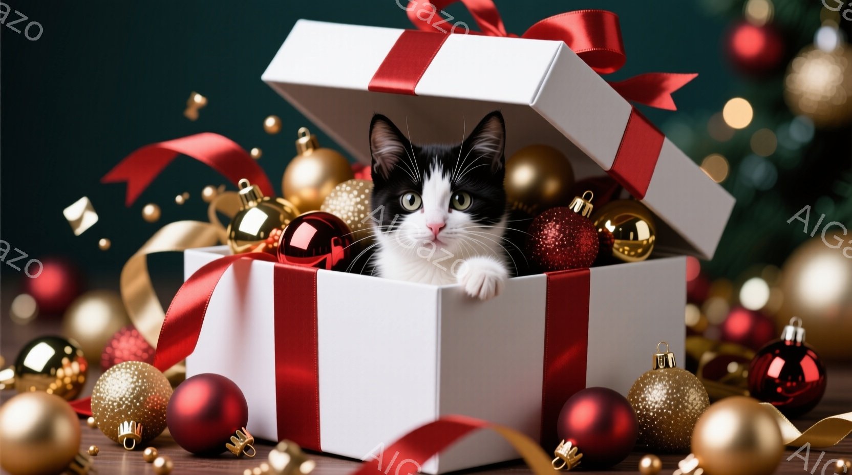 白と黒の猫が、赤いリボンで飾られた白いギフトボックスの中に座っています。猫は箱から少し顔を出しており、好奇心と遊び心にあふれた表情をしています。背景には、赤や金色のクリスマスオーナメントが散りばめられており、華やかで祝祭的な雰囲気を醸し出しています。