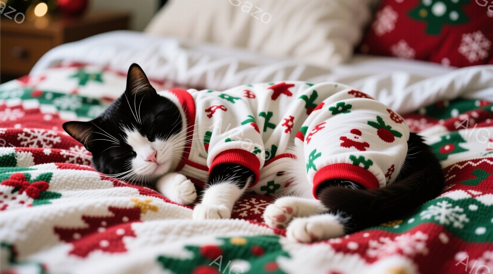 白地に赤い模様が入ったクリスマス柄の服を着た黒白の猫が、赤い背景のベッドの上で仰向けに寝ています。猫は目を閉じ、リラックスした表情で、前足は体の前に伸ばしています。背景には、明るいクリスマスらしい模様 - AI生成フリー素材