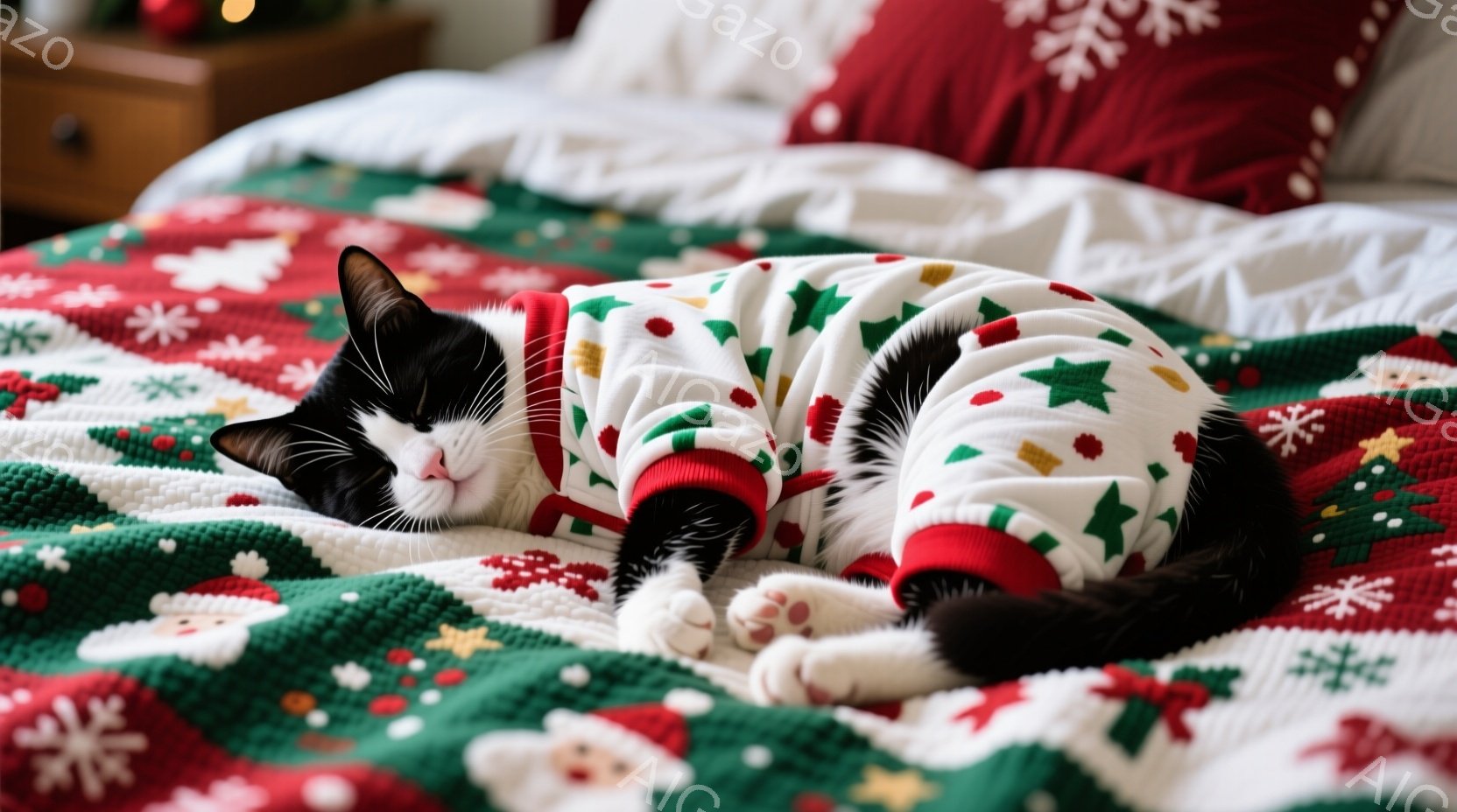 白黒の猫がクリスマスの柄のパジャマを着てベッドの上で横たわっています。猫はリラックスした表情で、足を伸ばして眠っているようです。背景には赤いクッションとクリスマスの装飾が見え、全体的に暖かく、穏やかな - AI生成フリー素材