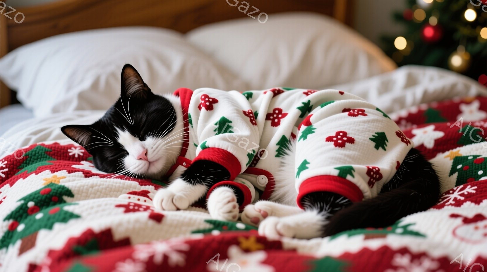白と黒の猫が、クリスマスの柄が描かれた白いセーターを着て仰向けに寝そべっています。猫は目を閉じ、リラックスした表情で、前足を抱きかかえています。背景には赤いクリスマス柄のベッドカバーと、ぼやけたクリスマスツリーが見え、温かく、心地よい雰囲気が漂っています。