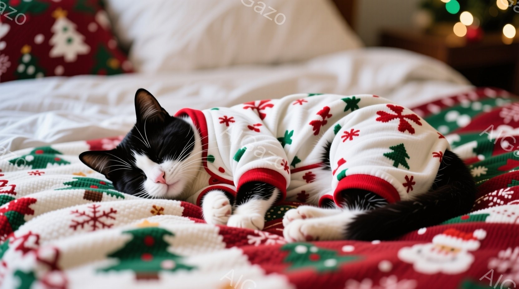 白黒の猫が、クリスマス柄の赤いトリミングが付いた白いセーターを着て、赤い背景のベッドに横たわっています。猫は目を閉じてリラックスした様子で、冬の暖かさと居心地の良さを感じさせます。背景にはぼやけたクリ - AI生成フリー素材
