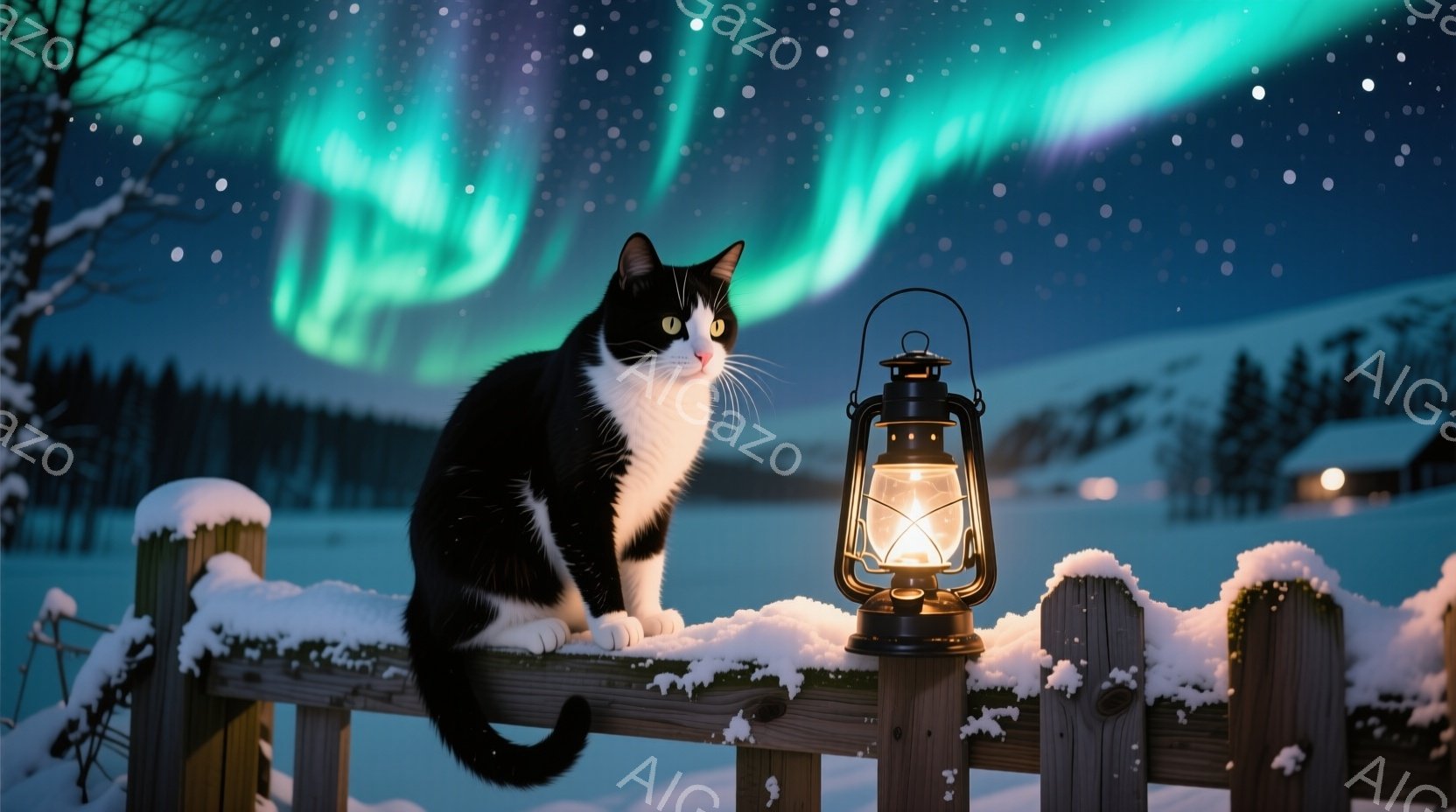 白と黒の猫が雪で覆われた柵の上に座り、こちらを見ています。背景には暗い森と、遠くに見える小さな家がぼんやりと映り、空にはオーロラが幻想的な光を放っています。全体的に、静かで神秘的な冬の夜の雰囲気が漂っ - AI生成フリー素材