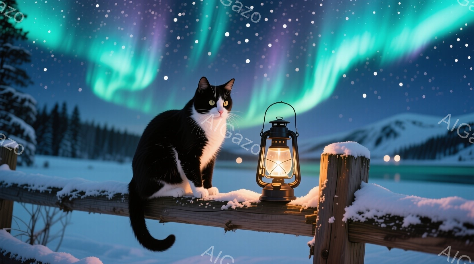 白と黒の猫が雪に覆われた木の柵の上に座っており、その目はカメラに向かって見つめられている。背景には暗い森林と雪景色が広がり、夜空にはオーロラが幻想的に輝いている。暖かく光るランタンが柵の横に置かれ、静 - AI生成フリー素材