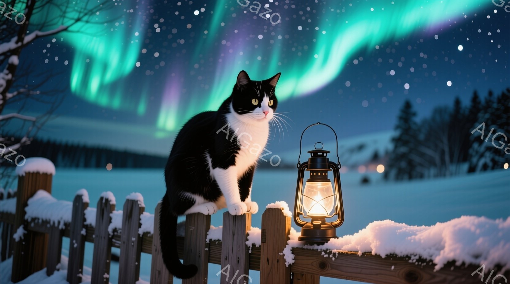 白と黒の猫が雪に覆われた木の柵の上に座り、前方をじっと見つめています。背景には雪景色が広がり、遠くには木々のシルエットが見え、オーロラが夜空を鮮やかに彩っています。暖色のランタンが柵に掛けられ、静かで - AI生成フリー素材