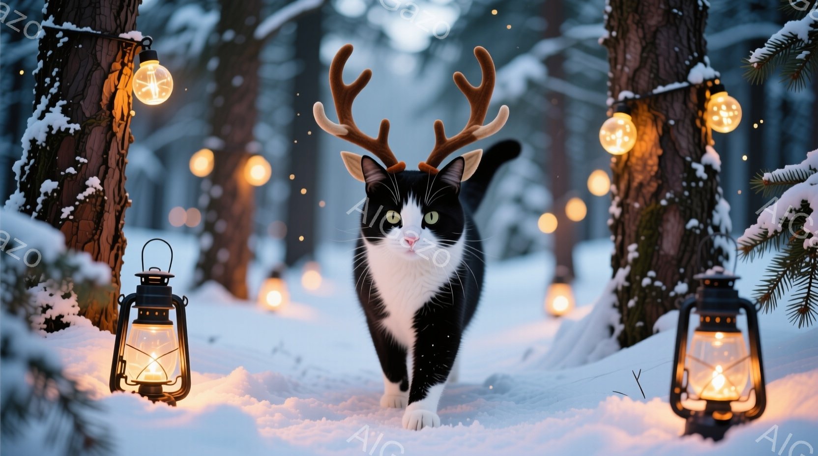 白と黒の猫が雪景色の中を堂々と歩いている。頭には角のような飾りをつけており、まるで森の精のようだ。背景には雪に覆われた木々と、温かい光を放つランタンが配置され、幻想的な雰囲気を醸し出している。