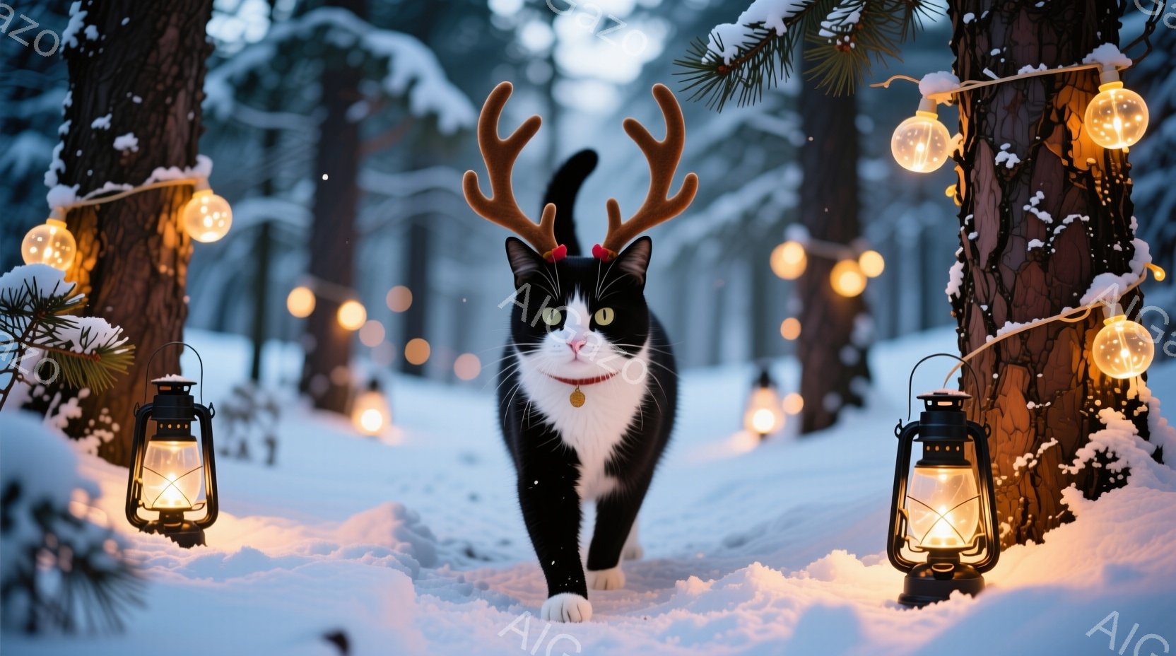 白黒の猫が、クリスマス風の角と赤いリボンをつけて雪の中をまっすぐカメラに向かって歩いてくる。背景には、点灯したランタンとキラキラと輝く電飾が飾られた雪に覆われた木々が並び、冬の夜の幻想的な雰囲気を醸し - AI生成フリー素材