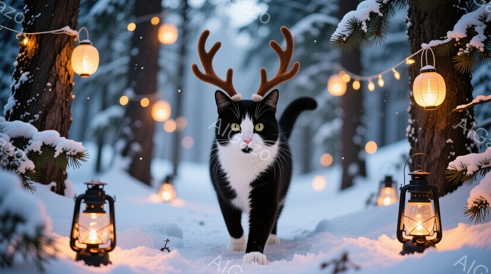 白と黒の猫が雪の中を歩いている。頭には角が生えており、まるで森の精のようだ。背景には雪で覆われた木々や、暖かい光を放つランタンが点在し、幻想的な雰囲気を醸し出している。