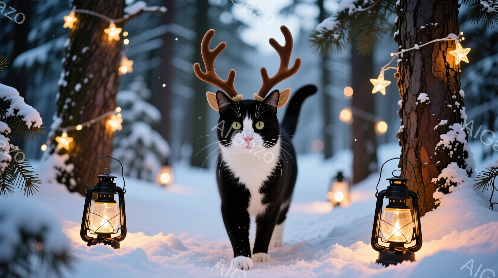 白と黒の猫が、まるでトナカイのように角を身につけて雪の中を歩いている。背景には雪に覆われた木々が立ち並び、暖かく光るランタンと星のような光が幻想的な雰囲気を醸し出している。猫は前方をまっすぐ見つめ、自信に満ちた足取りで冬の森を進んでいる。