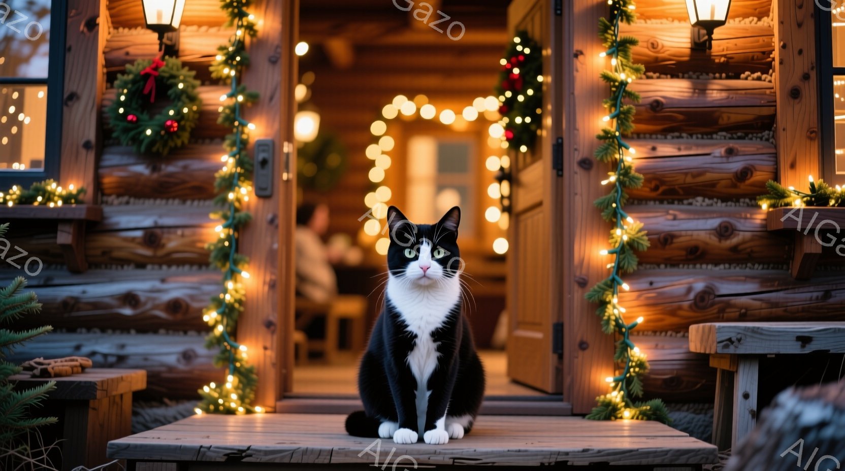 白黒の猫が木製の階段に座り、正面を見つめています。背景にはクリスマス装飾が施された家があり、階段や壁に温かい光のイルミネーションが飾られています。全体的に暖かく、お祝いムード溢れる冬の光景です。