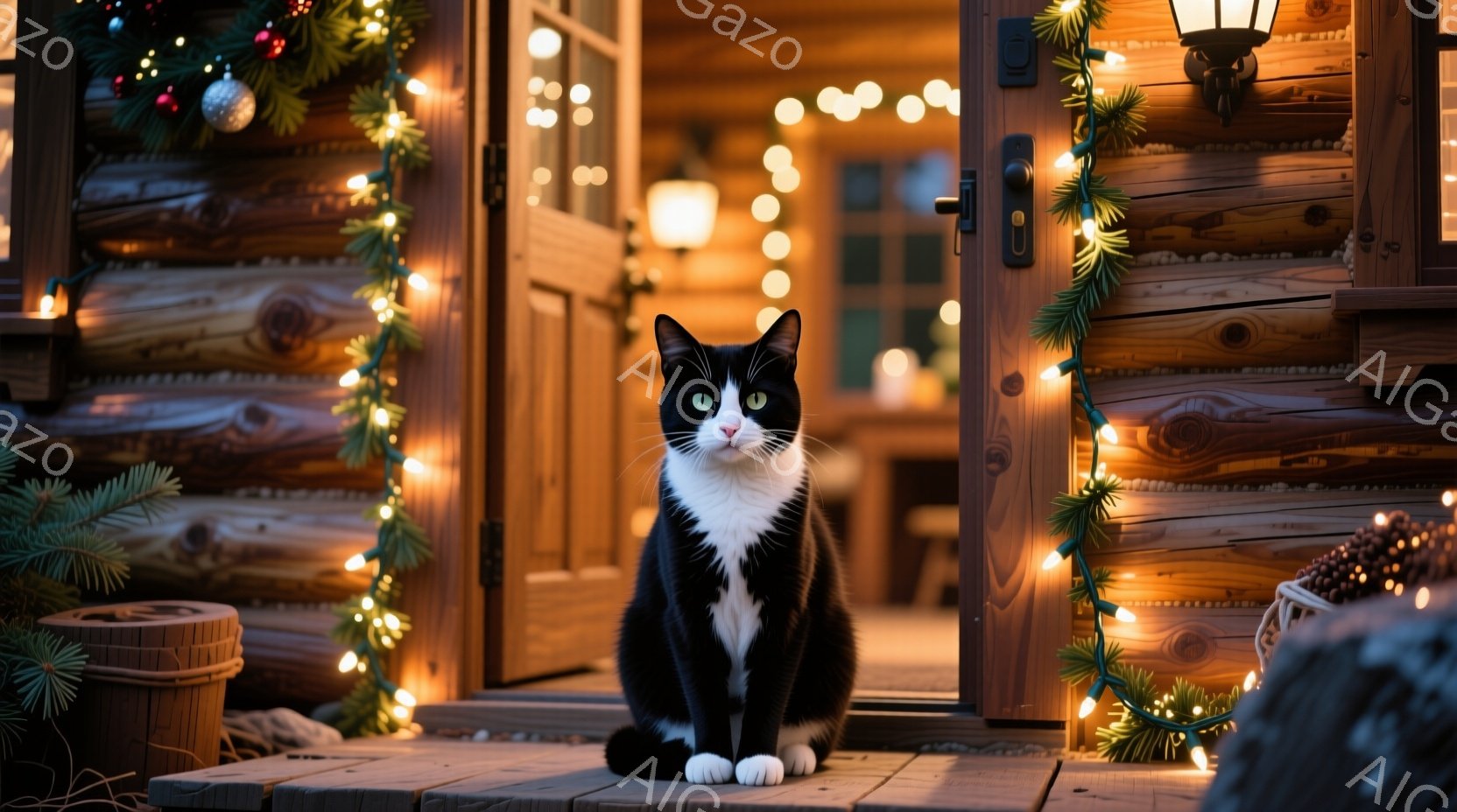 白と黒の猫が、クリスマス装飾が施された家の玄関のステップに座っています。猫は正面を見据え、落ち着いた表情で、まるでモデルのように凛々しい姿勢を保っています。背景には、きらびやかな電飾と緑のガーランドが飾られた木製の外壁が見え、温かく、お祝いムードにあふれた雰囲気です。