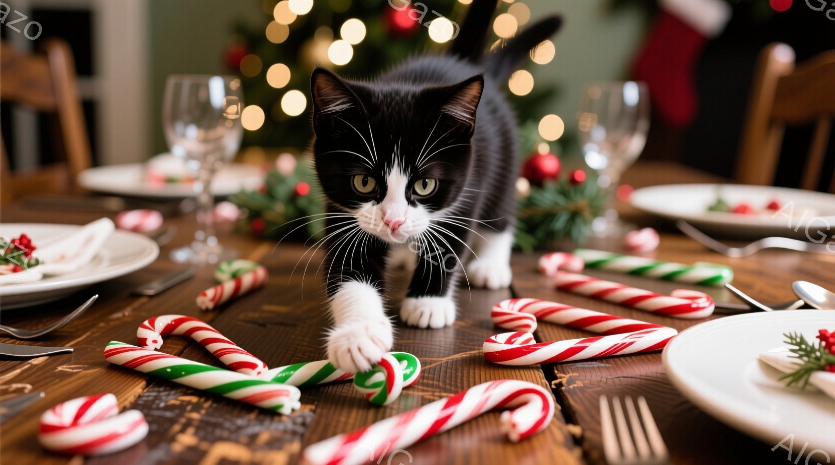 クリスマスを祝う準備が整ったダイニングテーブルの上に、白と黒の縞模様の小さな子猫が、折れたキャンディケーンに前足を伸ばして遊んでいます。テーブルには、クリスマスツリーのぼんやりとした光の中で、皿、フォーク、キャンディケーンが散らばっており、温かく、遊び心のある雰囲気が漂っています。全体的に、クリスマスをテーマにした、子猫の可愛らしさを強調した、お祝いの様子が写っています。