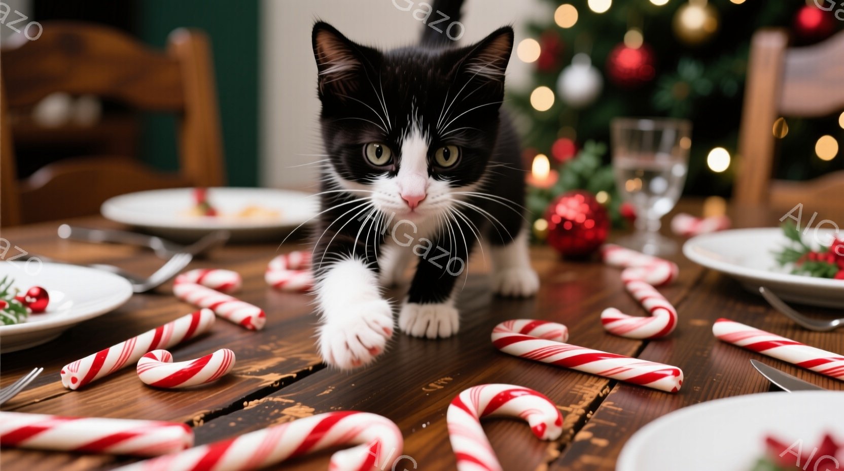 白黒の小さな子猫が、クリスマスの飾り付けられたテーブルの上で、ねじれたキャンディをかき集めています。テーブルには食事の準備された皿やナイフ、フォークが置かれ、背景にはぼやけたクリスマスツリーの光が見えます。暖かく、遊び心のある雰囲気で、クリスマスの準備が進む中の可愛らしい光景です。