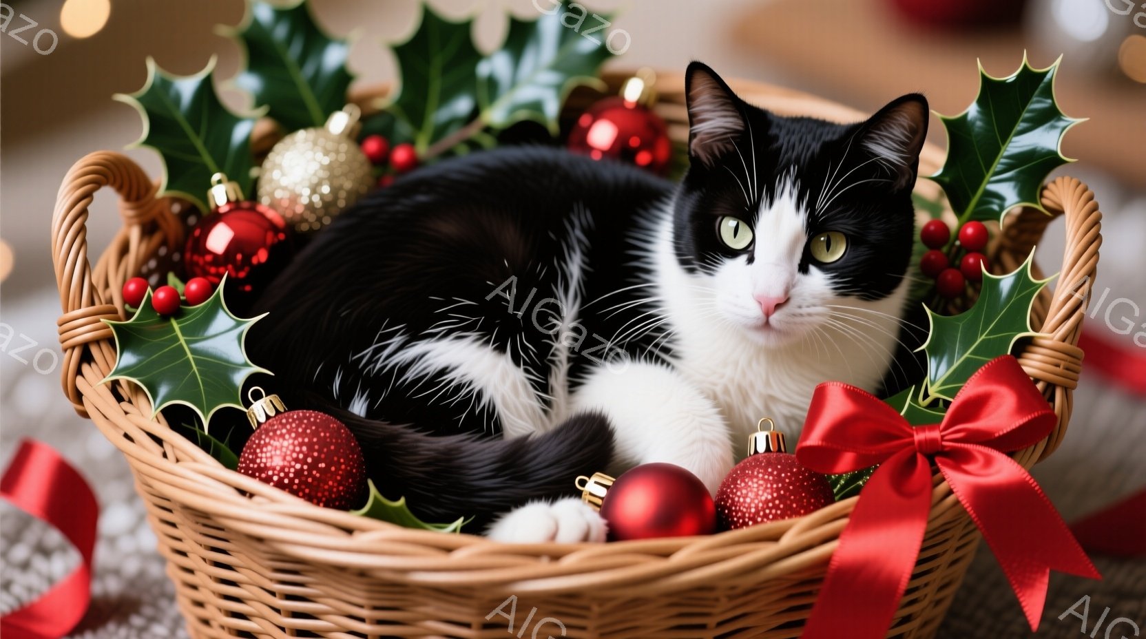 白と黒の猫が、赤いリボンと装飾が施された籐のバスケットの中に横たわっています。猫はリラックスした表情で、緑の葉と赤い実、そしてキラキラと輝くオーナメントに囲まれています。背景はぼやけていますが、クリスマスらしい温かく、お祝いムードが感じられます。