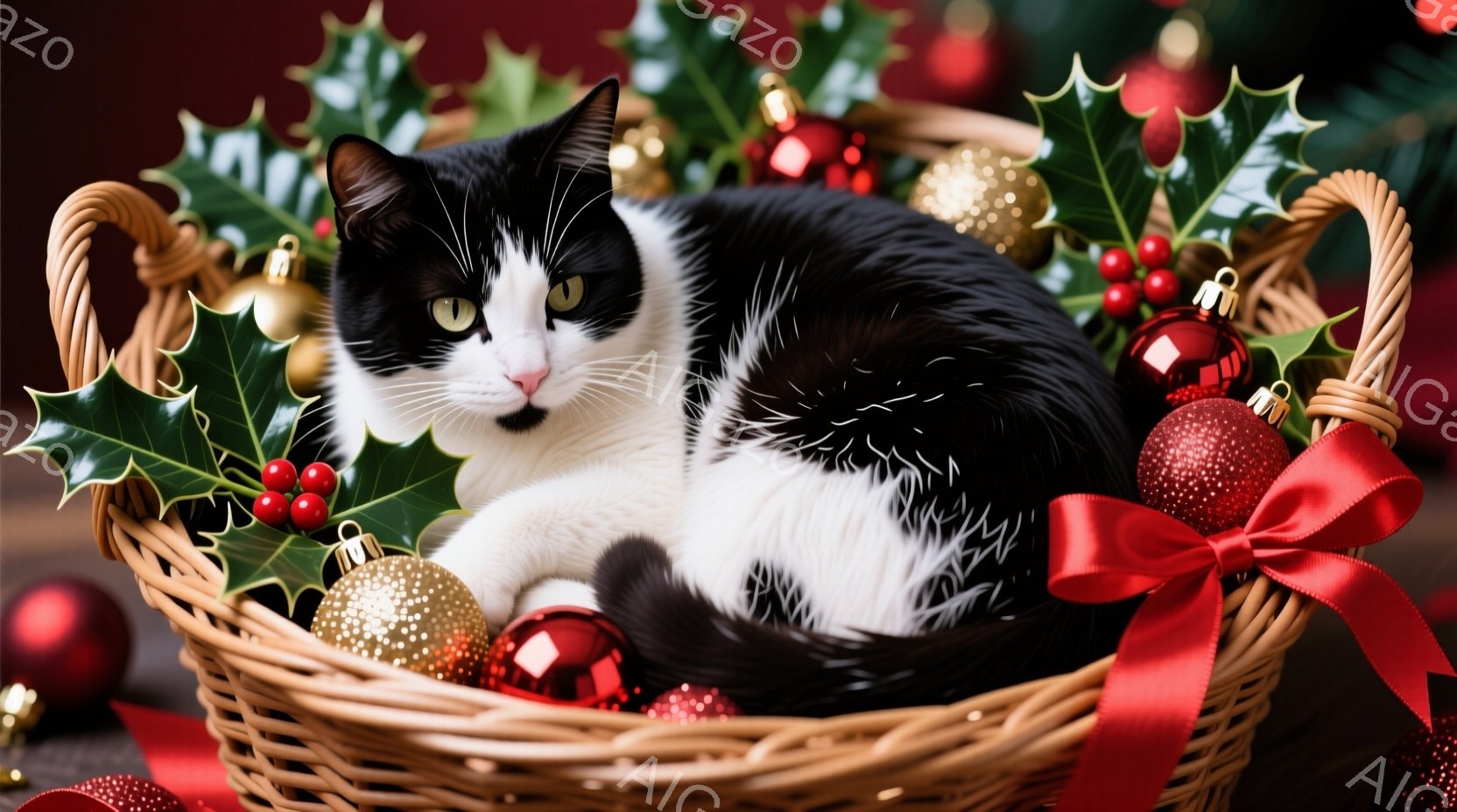 白黒模様の猫が、赤いリボンと飾りで飾られた籠の中に横たわっています。猫はリラックスした表情で、緑色の目をカメラに向けています。背景には、クリスマスオーナメントや緑の葉が散りばめられ、全体的に温かく、お - AI生成フリー素材