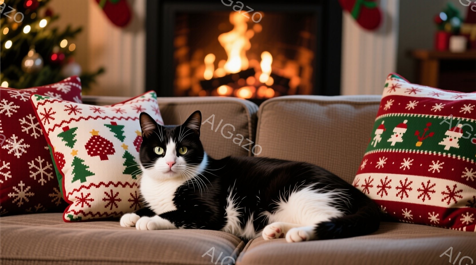 白と黒の猫が、クリスマス柄のクッションに囲まれたソファでくつろいでいる。猫はリラックスした表情で、前足を伸ばし、穏やかな視線をこちらに向けている。背景にはクリスマスツリーがぼやけ、暖炉の火が灯り、温か - AI生成フリー素材