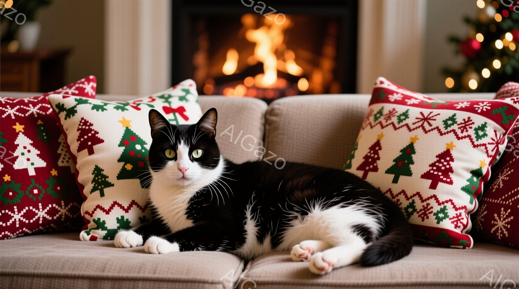 白と黒の猫が、クリスマス柄のクッションに囲まれた茶色のソファに横たわっています。猫はリラックスした様子で、少しカメラ目線で穏やかな表情をしています。背景には暖炉があり、ほのかな光が差し込み、温かく居心地の良い雰囲気を醸し出しています。