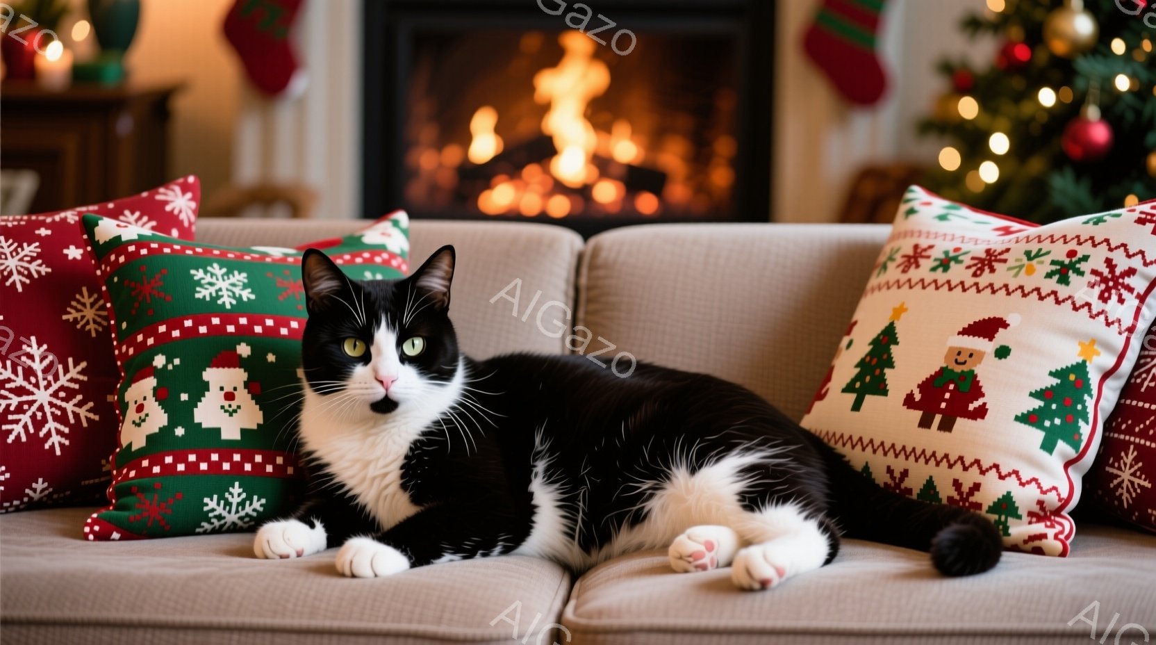 白と黒の猫が、クリスマス柄のクッションに囲まれたベージュ色のソファでリラックスして横たわっています。背景には、暖炉の炎と、ぼやけたクリスマスツリーが見え、温かくお祝いの雰囲気が漂います。猫は前足を伸ば - AI生成フリー素材