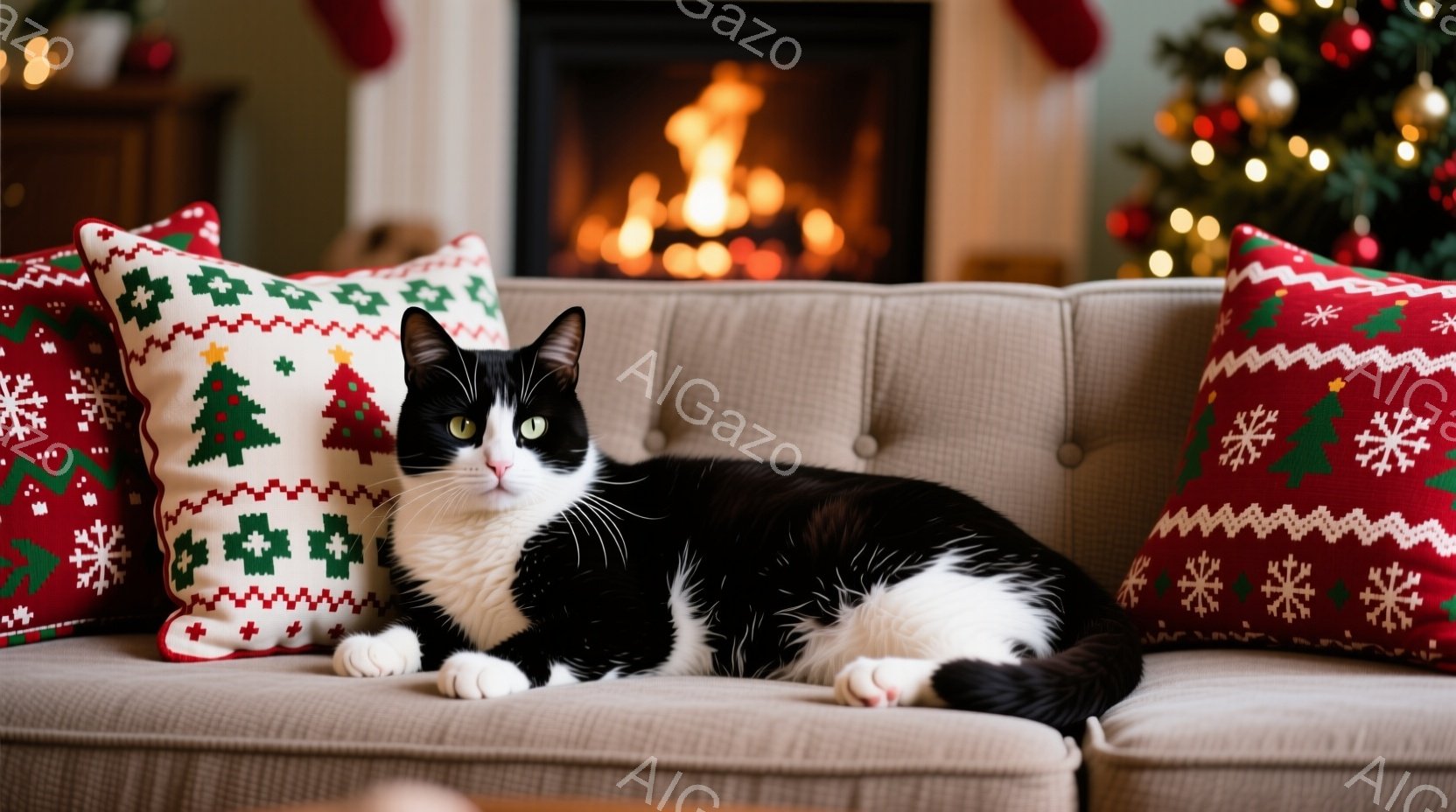 白と黒の猫が、クリスマスの模様が施されたクッションに囲まれたベージュ色のソファに横たわっています。猫はリラックスした表情で、前足を揃えてこちらを見ています。背景には暖炉の火が灯り、クリスマスツリーの明 - AI生成フリー素材