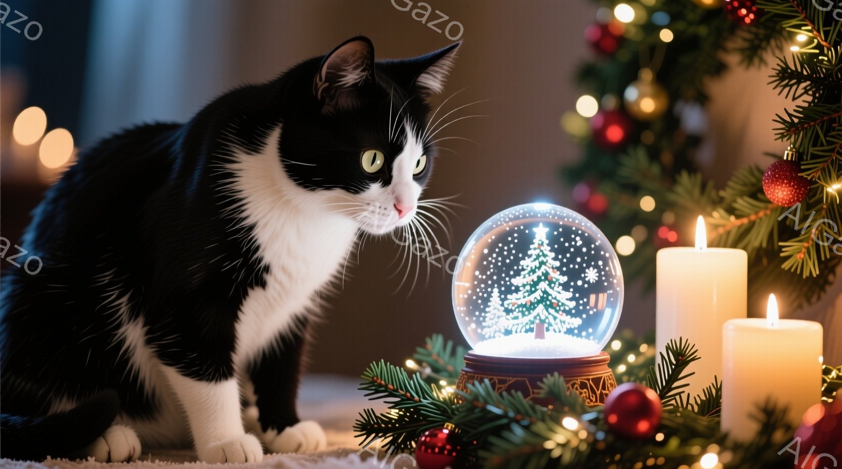 白黒の猫が、雪の結晶が舞うクリスマスのミニチュアが入ったスノーグローブをじっと見つめています。背景には、飾り付けられたクリスマスツリーと、点灯しているキャンドルがぼんやりと光り、温かく穏やかな雰囲気を醸し出しています。全体的に、冬の暖炉のそばでリラックスした猫の姿が描かれ、居心地の良い季節の雰囲気が感じられます。