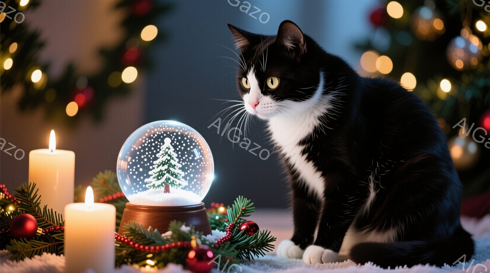 白黒の猫が、クリスマスのオーナメントである雪の結晶と小さなモミの木が入ったガラスの球を見つめている。背景には、キラキラと輝くクリスマスツリーと、ロウソクの灯りが暖かく、穏やかな雰囲気を醸し出している。 - AI生成フリー素材