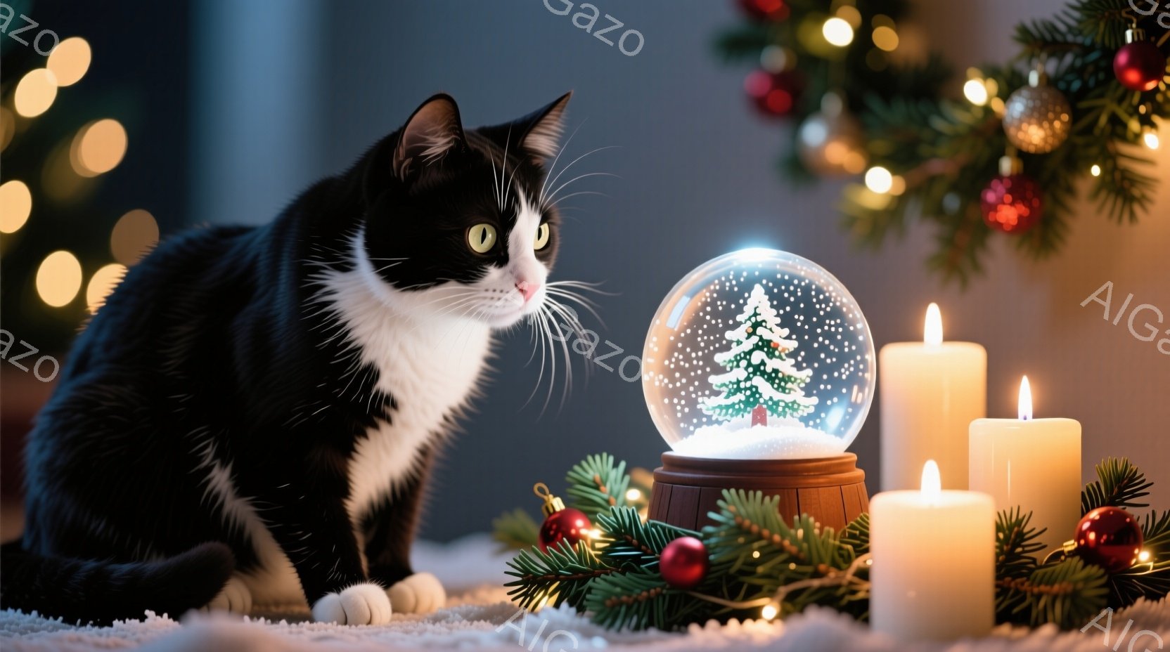 白と黒の猫が、クリスマスの飾り付けられた背景の前で座っています。猫は右側を見つめ、興味深そうに何かを観察しています。背景には、雪の結晶が舞うガラス製のクリスマスのオーナメント、点灯したキャンドル、そして緑のクリスマスツリーの枝が飾られ、温かく幻想的な雰囲気を醸し出しています。