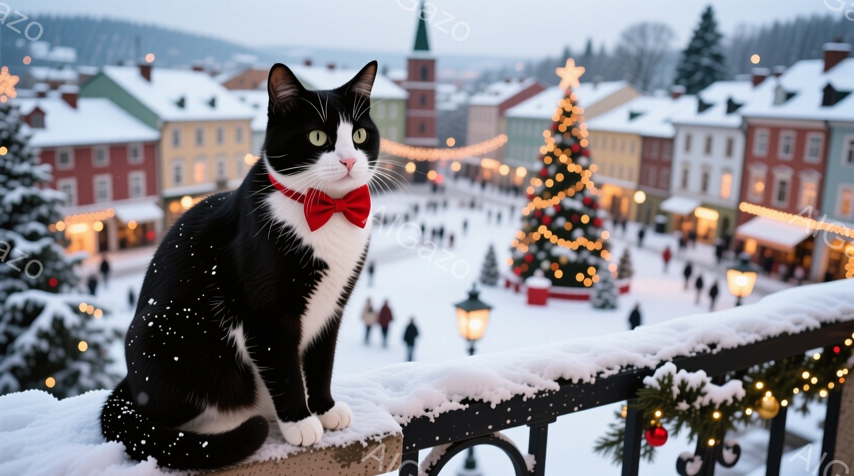 白と黒の猫が、赤い蝶ネクタイをつけ、雪で覆われた手すりに座ってこちらを見ている。背景には、クリスマスツリーが輝き、雪に覆われたカラフルな建物が並ぶ冬の街並みが広がり、暖かい光が灯っている。全体的に、静 - AI生成フリー素材