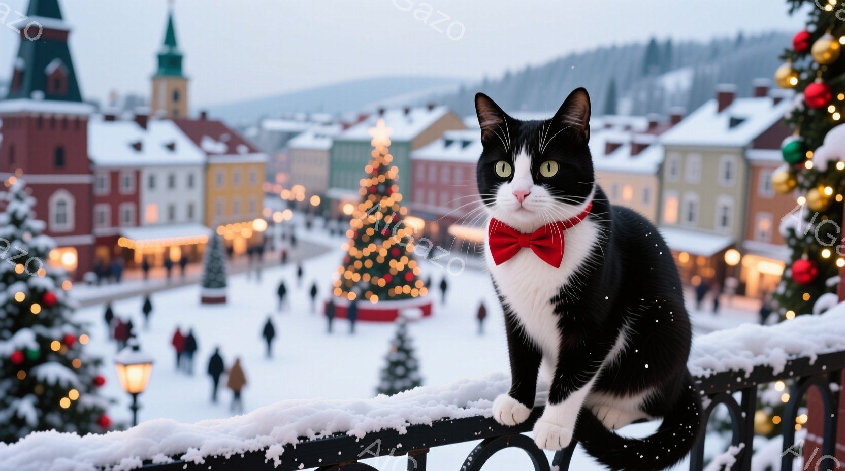 白と黒の猫が、クリスマスの飾り付けられた柵の上に座り、赤い蝶ネクタイを締めて正面を見つめている。背景には雪景色の中に色とりどりの建物が並び、クリスマスツリーが灯りを灯している。全体的に温かく、お祝いム - AI生成フリー素材