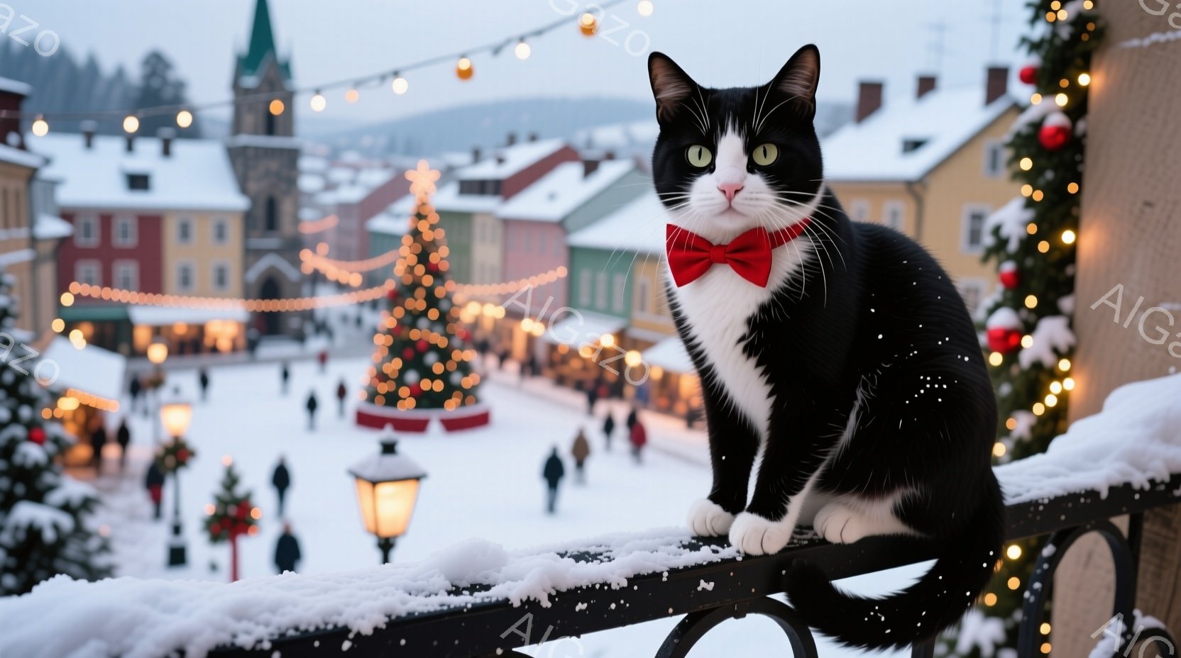 白と黒の猫が、クリスマスの飾り付けがされた柵の上に座り、赤い蝶ネクタイをつけている。背景には、雪に覆われた美しい街並みが見え、クリスマスツリーやイルミネーションが輝いている。全体的に暖かく、お祝いムー - AI生成フリー素材