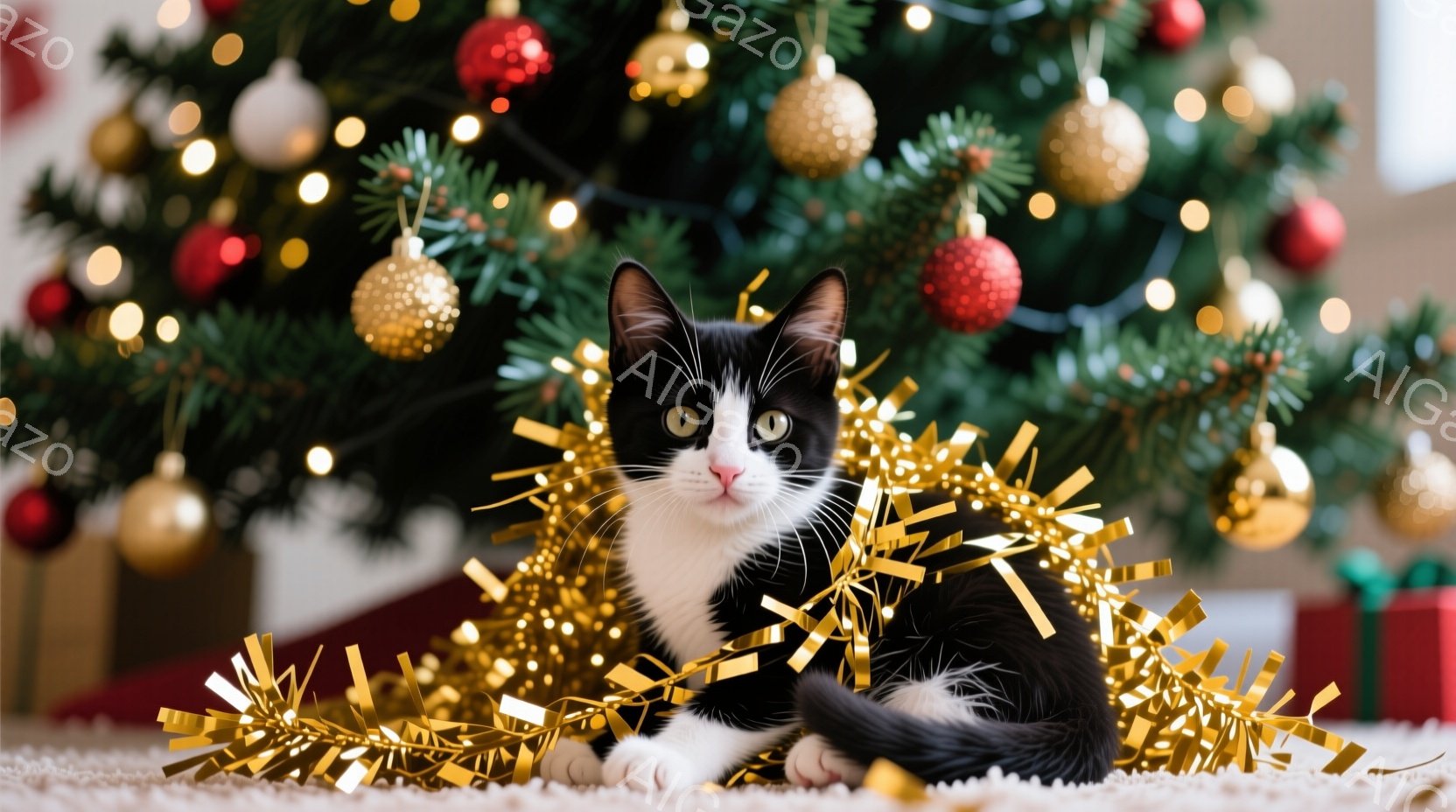 白と黒の猫が、クリスマスの飾り付けがされた部屋の床に座っています。猫は金色のガーランドに体を巻き付け、リラックスした表情でカメラを見つめています。背景には、オーナメントで飾られたクリスマスツリーと、プ - AI生成フリー素材
