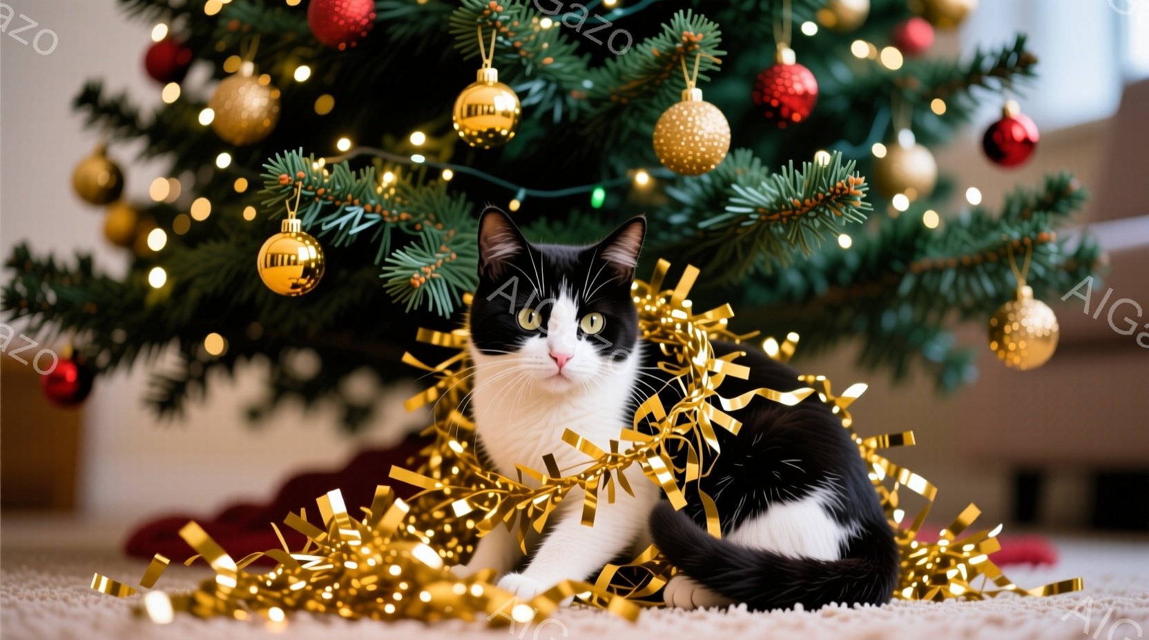 白黒の猫がクリスマスツリーの下に座り、黄金色の飾り付けに囲まれています。猫は正面を見ており、少し好奇心とリラックスした表情を浮かべています。背景には緑のクリスマスツリーと赤い装飾が見え、温かくお祝いの雰囲気を感じさせます。