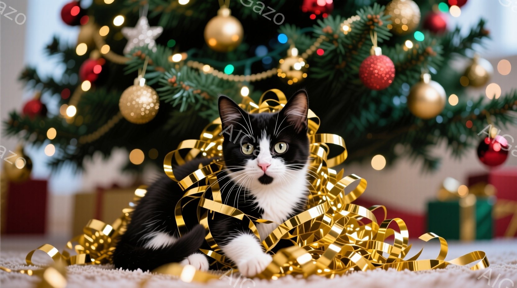 白と黒の猫が、金色のリボンに囲まれてカーペットの上に横たわっています。背景には、クリスマスツリーが飾られ、プレゼントボックスが置かれています。暖かく、お祝いの雰囲気で、猫はリラックスして穏やかな表情を - AI生成フリー素材