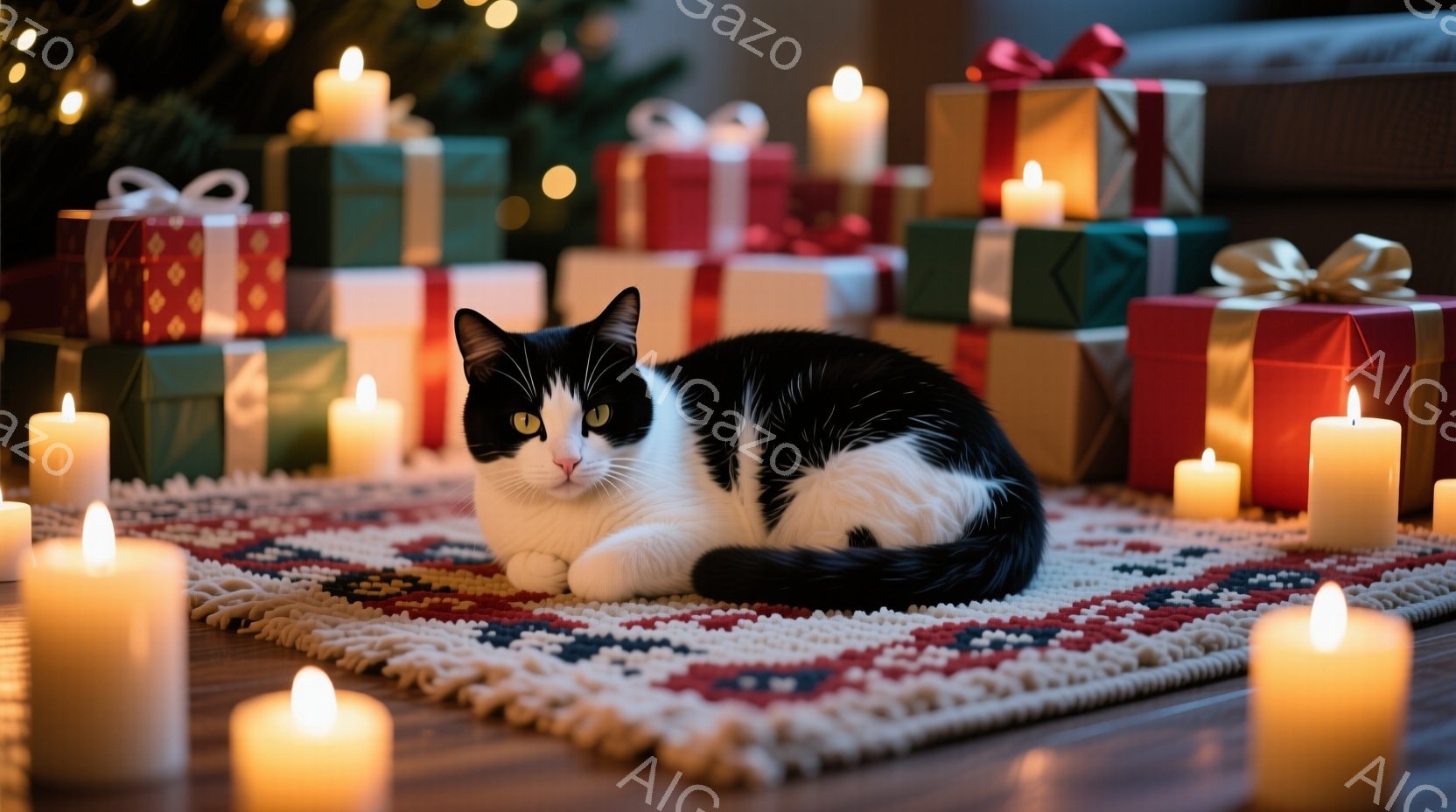 白と黒の猫が、赤い模様の絨毯の上に丸まって横たわっています。周囲にはプレゼントボックスや点灯したキャンドルが配置され、暖かく穏やかな雰囲気を醸し出しています。キャンドルの光が猫の白い毛並みを照らし、クリスマスの装飾が背景にぼやけて見え、夢幻的な空間を作り出しています。
