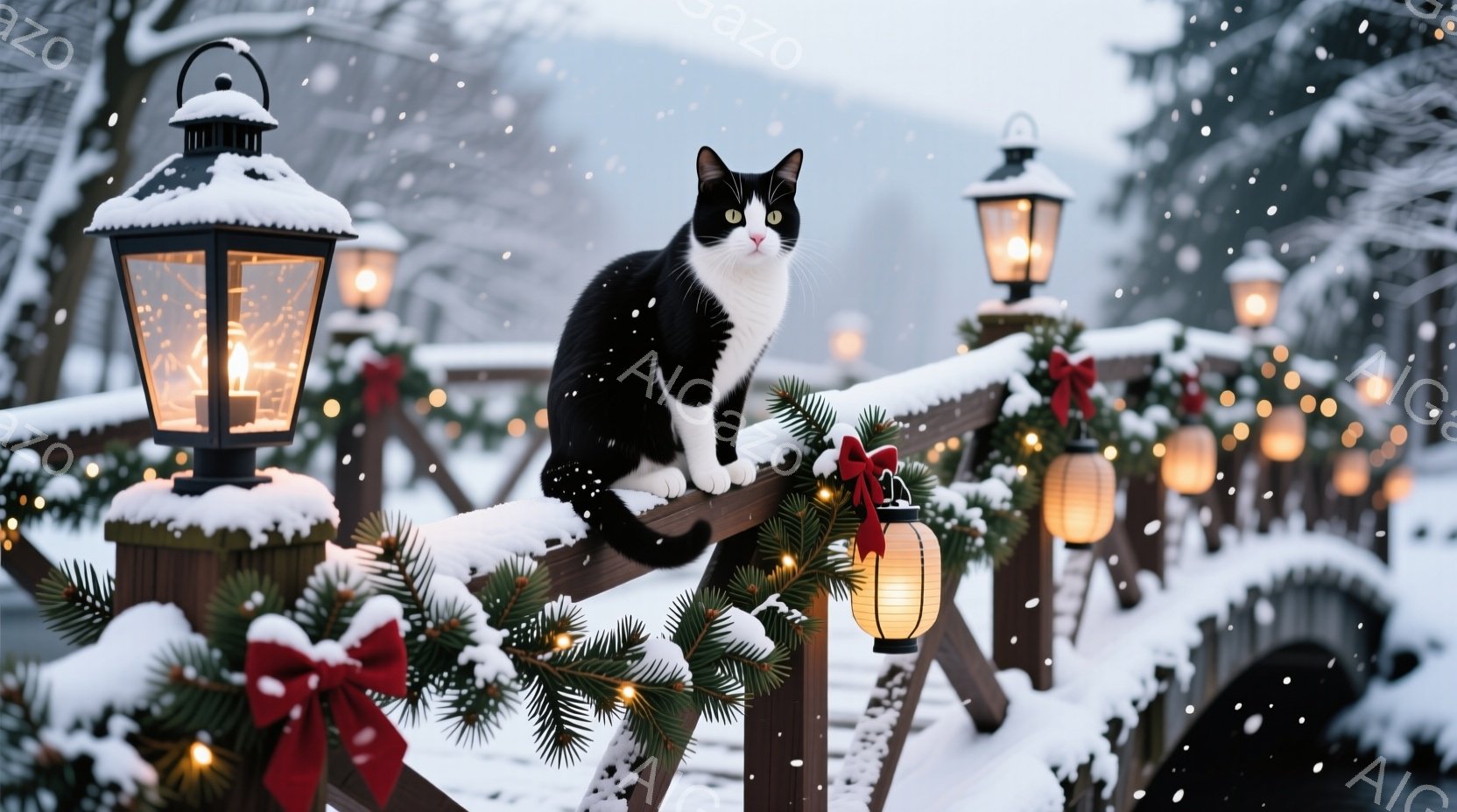 白と黒の猫が雪に覆われた木製の柵の上に座っており、クリスマスの飾り付けが施された橋の一部であるようだ。背景には雪景色が広がり、多くの提灯が暖かい光を放っている。全体として、穏やかでクリスマスの雰囲気を - AI生成フリー素材