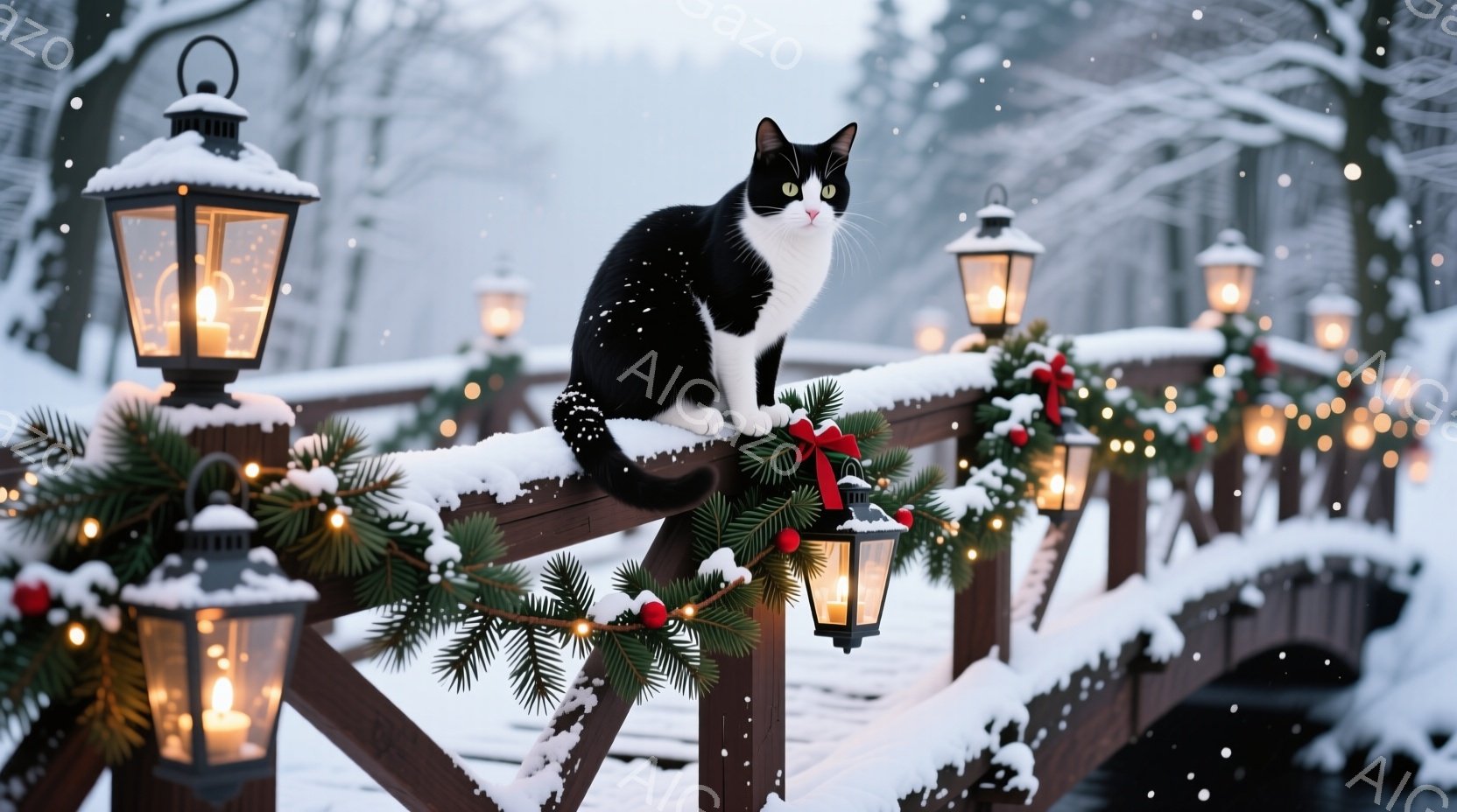 灰色の猫が深紅のベルベットの肘掛け椅子に座っており、頭にはサンタクロースの帽子を載せています。猫は正面を見ており、少し退屈そうな表情をしています。背景には暖炉があり、火が燃えて暖かな雰囲気を醸し出しています。