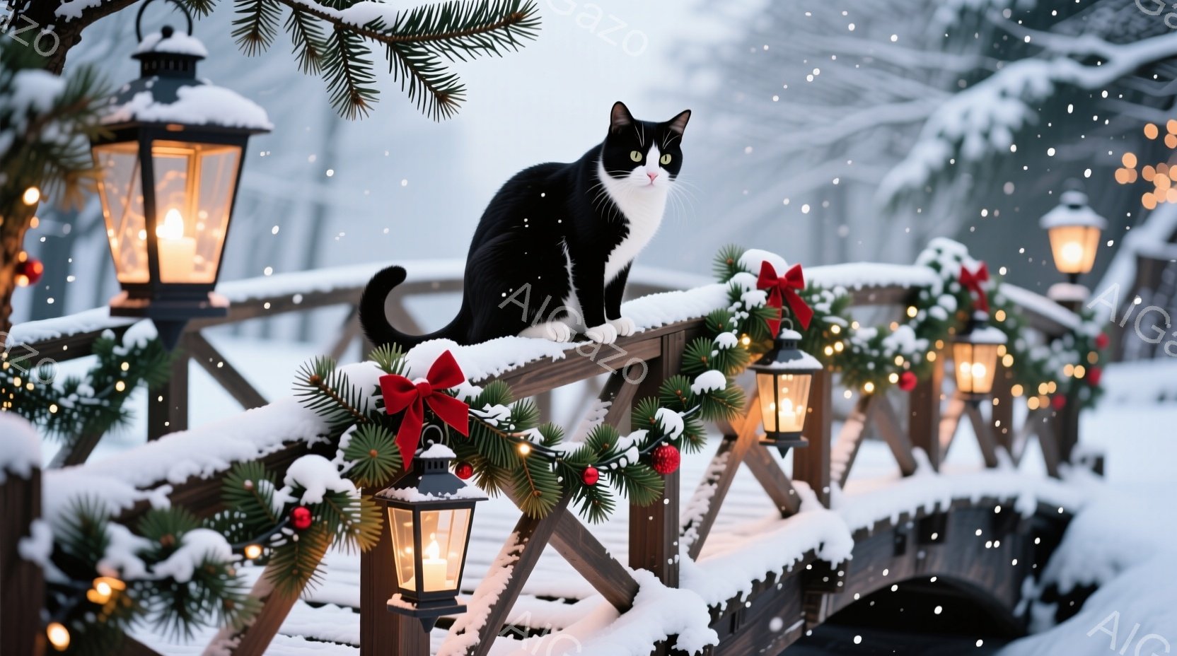 白と黒の猫が、雪で覆われた木の橋の欄干に座ってこちらを見ている。橋はクリスマス装飾の飾りが施され、松の葉、赤いリボン、そして点灯されたランタンが並んでいる。雪が舞い降りており、全体的に穏やかで冬の温か - AI生成フリー素材