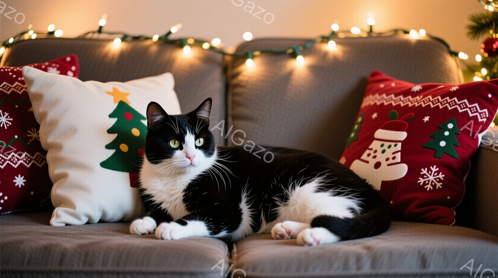 白と黒の猫が、クリスマスをテーマにしたクッションに囲まれた灰色のソファーに横たわっています。猫はリラックスした様子で、正面を見つめ、わずかに口を開けています。背景には、ぼやけたクリスマスツリーとキラキ - AI生成フリー素材
