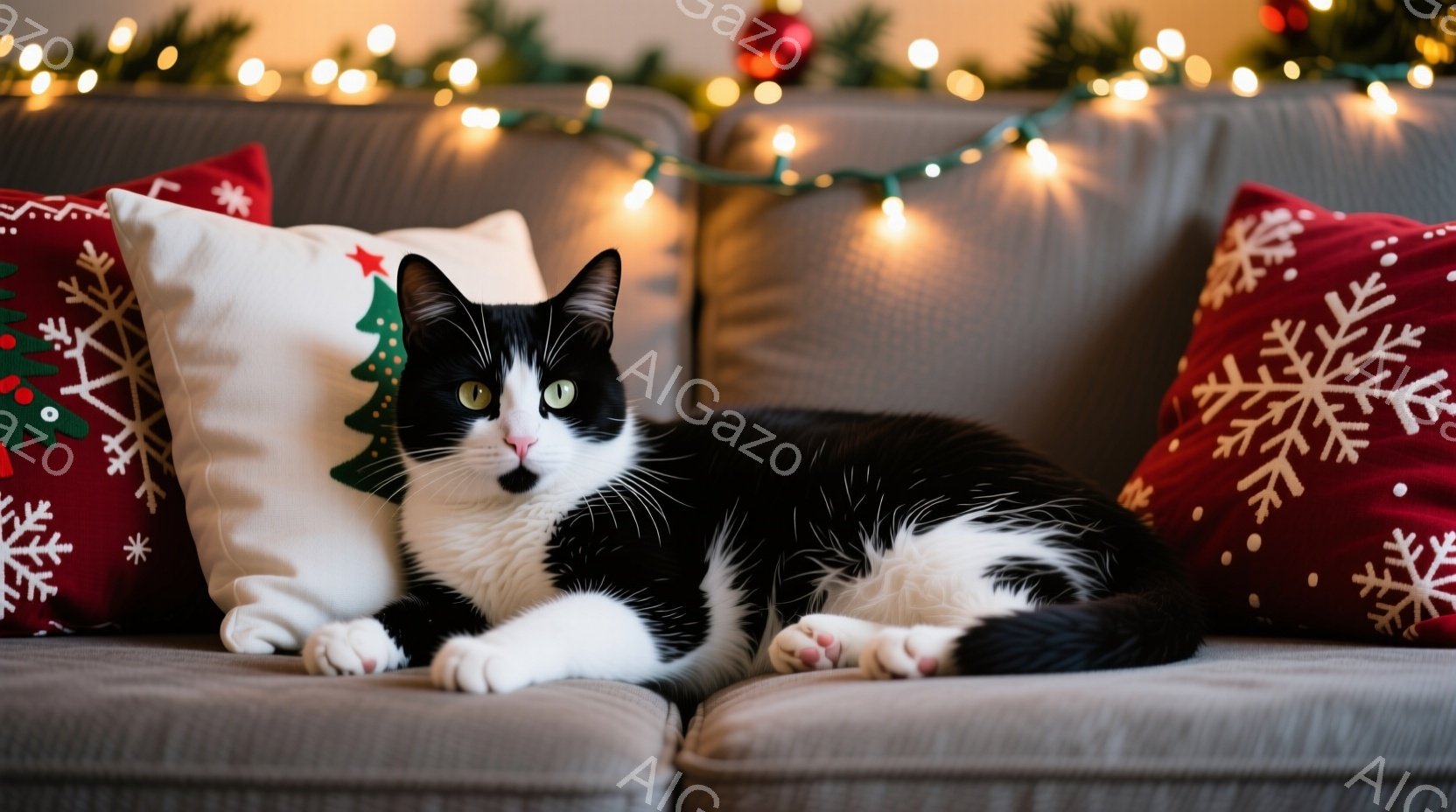 白と黒の猫が灰色のソファーに横たわっています。猫はリラックスした様子で、前足はソファーの上に伸ばし、少し上目遣いでカメラを見ています。背景には、赤いクリスマス柄のクッションと、ぼんやりと光るクリスマスライトが見え、温かく穏やかな雰囲気を醸し出しています。