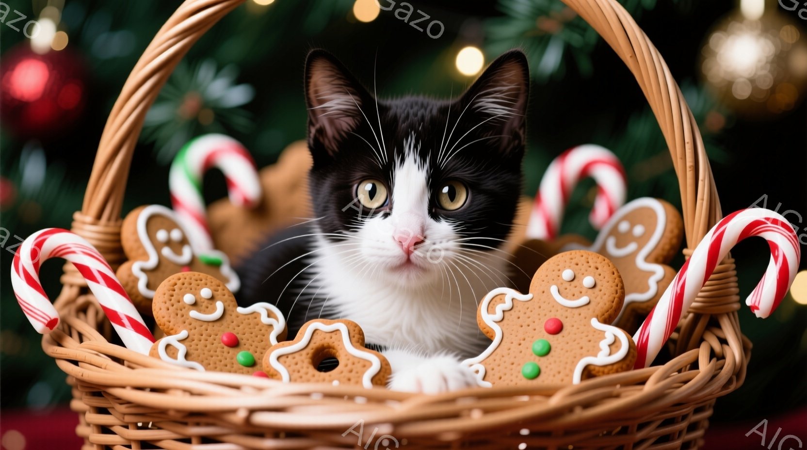 白と黒の毛並みを持つ子猫が、クリスマスを象徴するキャンディケーンやジンジャーブレッドクッキーに囲まれたバスケットの中にいます。子猫は正面を見つめ、興味深そうな表情をしています。背景にはぼやけたクリスマ - AI生成フリー素材