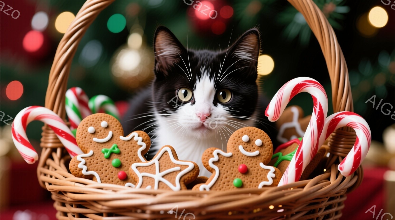 白と黒の猫が、クリスマスらしい籐の籠の中に座っており、周囲にはペパーミントキャンディとジンジャーブレッドクッキーが飾られています。猫は正面を見据え、少し好奇心と甘えたいような表情をしています。背景にはぼやけたクリスマスツリーの光がちらつき、暖かく、お祝いムードに包まれた雰囲気です。