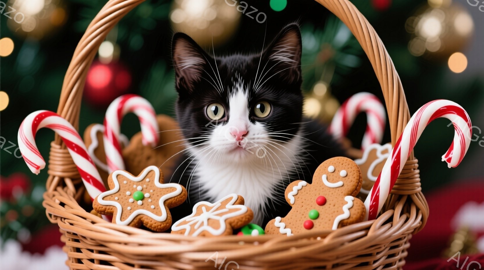 白と黒の猫が、クリスマスの飾りがいっぱいの籐のバスケットの中にいます。猫は正面を見つめ、少し好奇心と穏やかな表情をしています。背景にはぼやけたクリスマスツリーのライトと、ジンジャーブレッドクッキーやキャンディケーンが散りばめられ、温かくお祝いの雰囲気を醸し出しています。