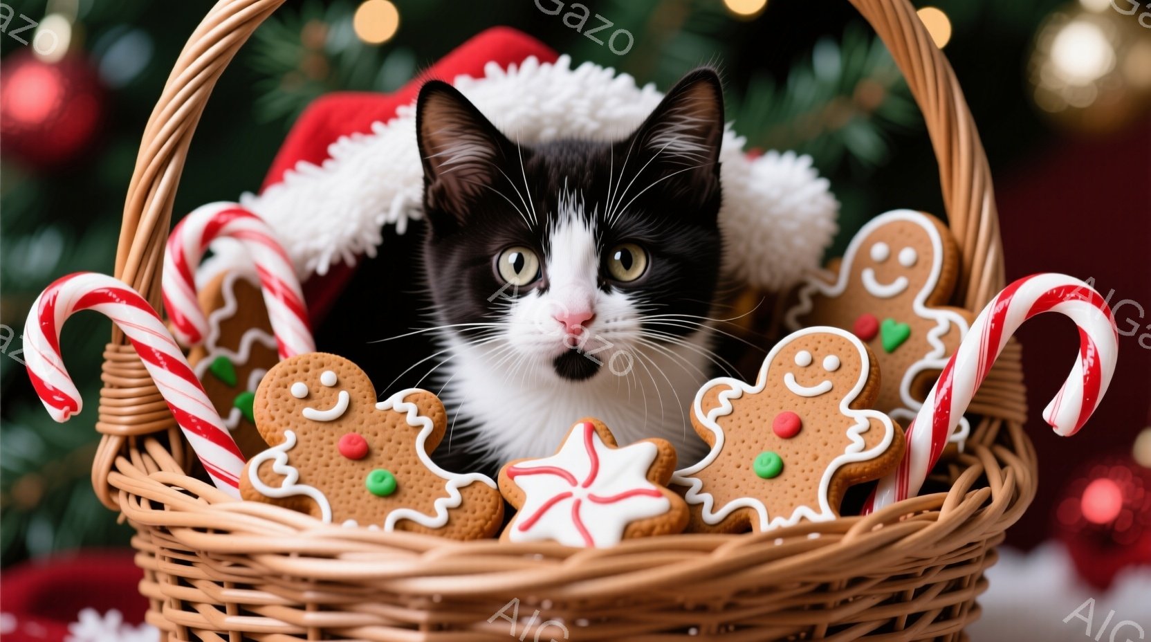 白と黒の猫が、クリスマスらしい籐の籠の中に座っており、赤いサンタ帽の毛皮の縁が見えます。猫は緑色の目を持ち、わずかに微笑んでいるように見え、周囲にはジンジャーブレッドマンやキャンディケーンが散りばめられています。背景はぼやけた緑色のクリスマスツリーで、暖かくお祝いの雰囲気を醸し出しています。