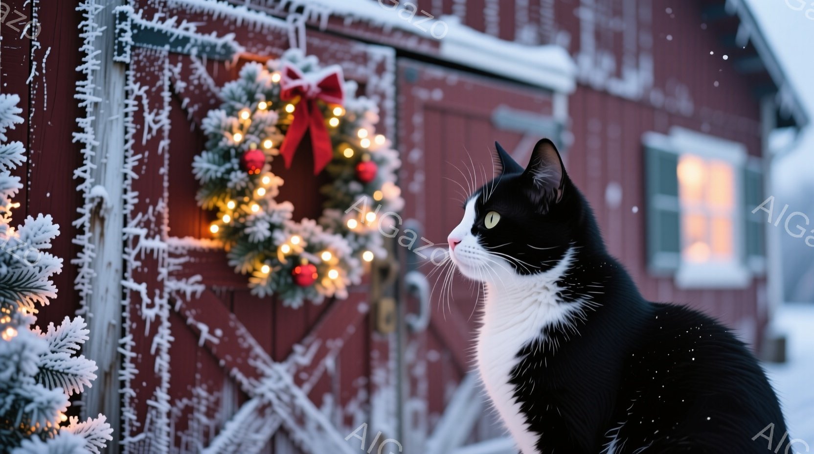 白黒の猫が、クリスマス装飾が施された赤い農家の建物の前に立っている。建物には、赤いリボンと光る電球で飾られたクリスマスリースが掛けられ、雪が降り積もっている。猫は右を向き、何かを見つめているような表情で、冬の穏やかな雰囲気を醸し出している。