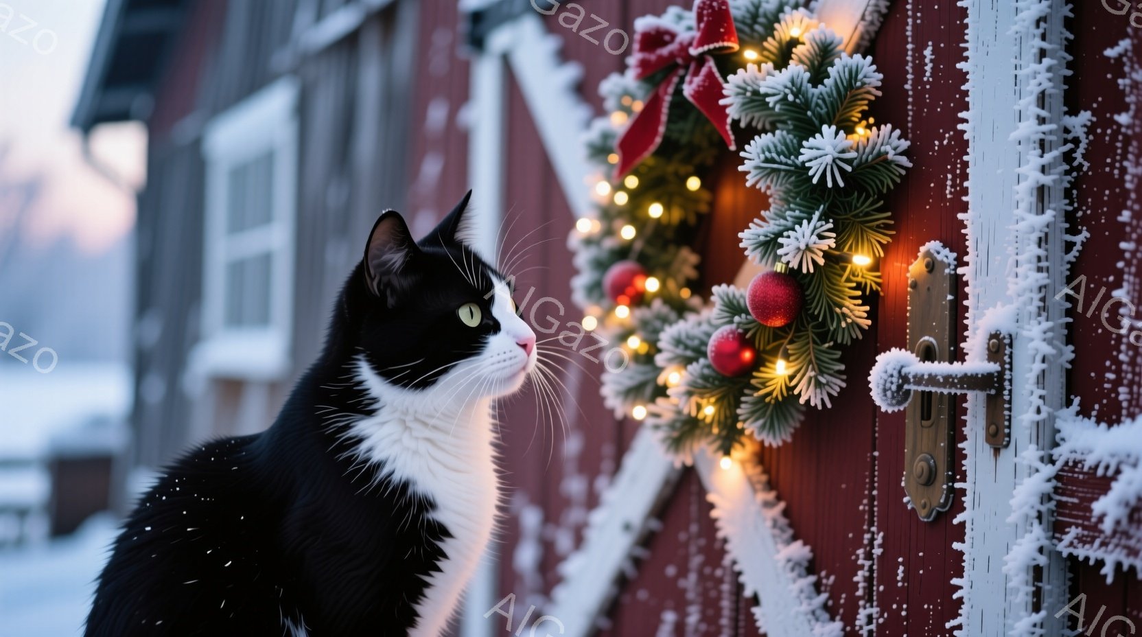 白と黒の猫が赤い木造の建物（納屋のような）のドアを見上げています。ドアにはクリスマスリースが飾られており、雪が降り積もっています。寒々とした冬の朝の静かで穏やかな雰囲気が漂っています。