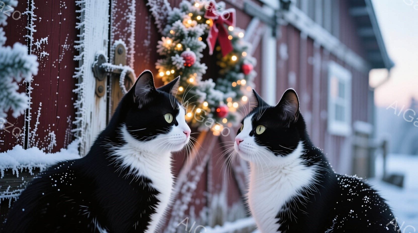 白と黒の猫が正面を向き合い、雪の降る赤い木造の納屋の前に立っている。猫たちは雪が降り積もる中、わずかに顔を上げて、お互いの視線を捉えている。背景には、クリスマスリースが飾られた納屋の壁があり、雪景色が広がり、穏やかで静かな冬の雰囲気を醸し出している。
