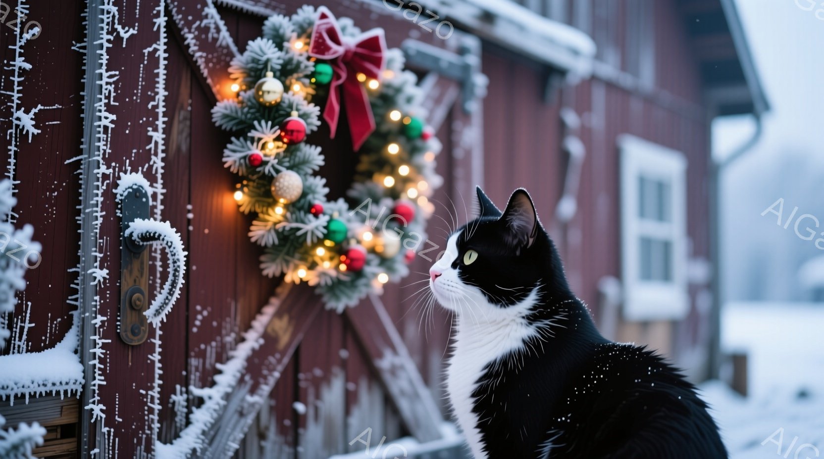 白と黒の猫が、クリスマスデコレーションが施された赤い農家のドアのそばで、何かを見上げています。背景は雪景色で、農家の壁は雪で覆われ、全体的に冬の暖かく穏やかな雰囲気を醸し出しています。猫の毛並みは鮮や - AI生成フリー素材
