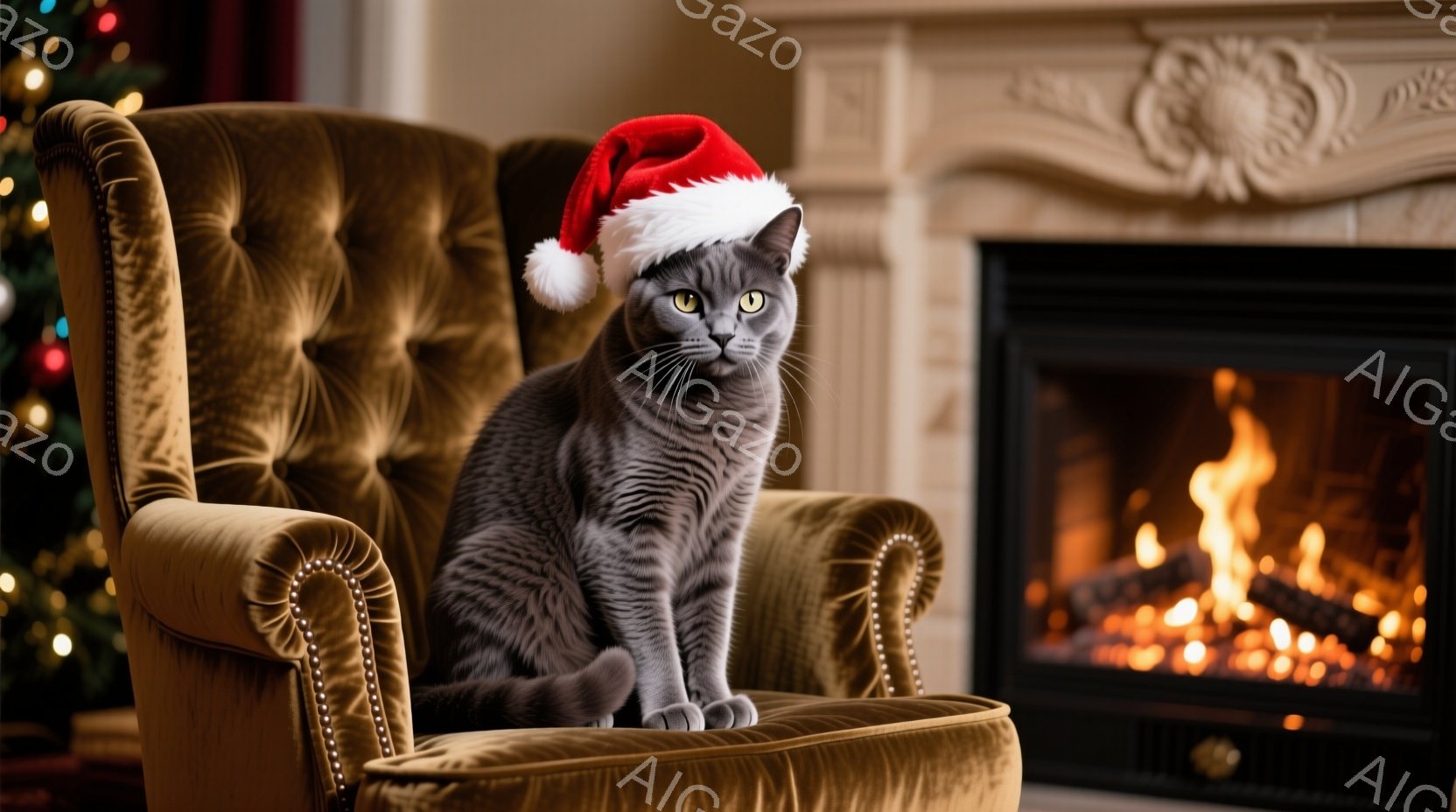 灰色の縞模様の猫が、鋲で飾られた金色の肘掛け椅子に座っており、頭には赤いサンタ帽をかぶっています。猫は前方をまっすぐ見つめ、落ち着いた表情をしています。背景には暖炉があり、炎が燃え盛る様子と、ぼやけた - AI生成フリー素材