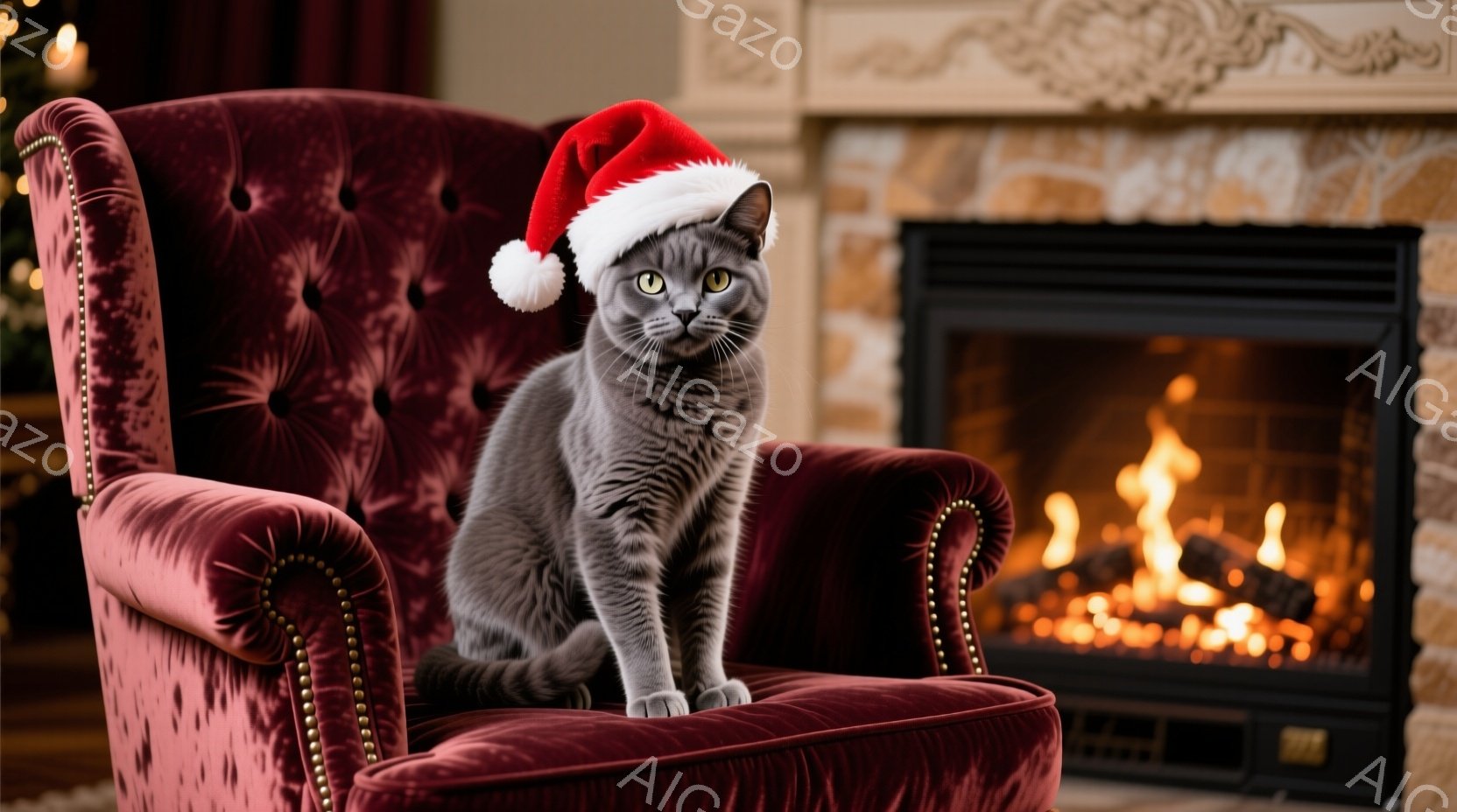 灰色の猫が、クリスマスのサンタの帽子をかぶり、深い赤色のベルベットの肘掛け椅子に座っています。その表情は穏やかで、少し誇らしげにも見えます。背景には暖炉があり、炎が燃えており、クリスマスの温かく居心地の良い雰囲気を醸し出しています。