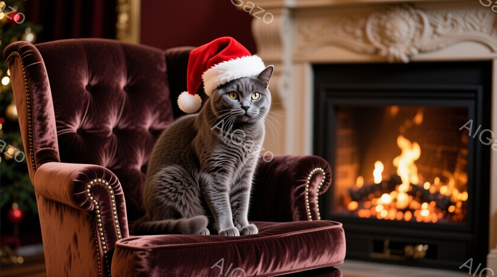 灰色の猫が深紅色のベルベット調の肘掛け椅子に座っており、頭にはサンタの帽子を被っています。猫は正面を見据え、金色の瞳は少しばかり好奇心に満ちた表情をしています。背景には暖炉があり、炎が燃え盛る様子と、 - AI生成フリー素材