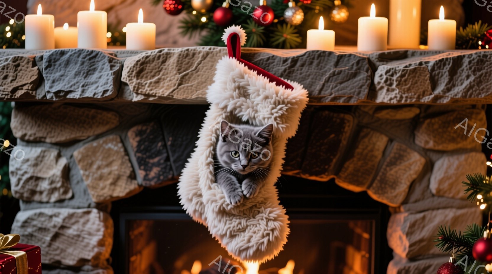 暖炉の上に白いふわふわのクリスマスストッキングが掛かっており、その中には灰色の縞模様の猫が可愛らしく顔を出しています。猫は好奇心旺盛な表情でカメラを見つめており、ストッキングと暖炉の温かい光が猫の毛並 - AI生成フリー素材